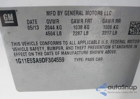 2013 Chevrolet Malibu 2Lt from USA, damaged, VIN 1G11E5SA9DF304559